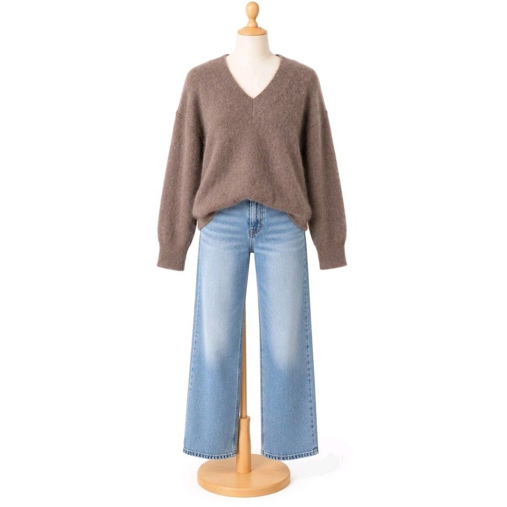 Zara Wool Alpaca Blend Sweater XL Taupe Brown Fuzzy V Neck Soft Knit Pullover